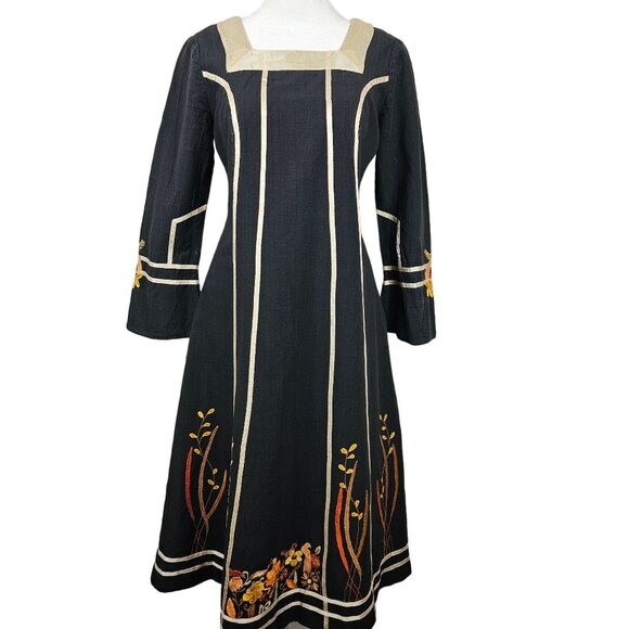 Diseno Josefa Ibarra VTG Dress S Black/Gold 70's Floral Artisan Kaftan Designer - Picture 1 of 16